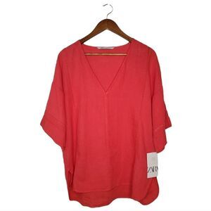 Zara 100% Linen Coral Orange Boxy Shirt Size M